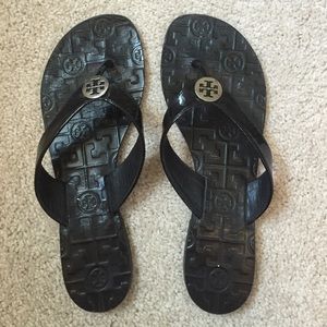 Black Tory Burch patent leather thora sandals