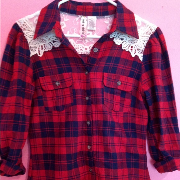 Mimi Chica Tops - Red and navy blue plaid shirt