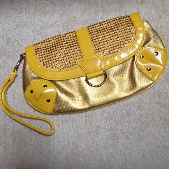 Express Handbags - Express Yellow/Gold Clutch/Wristlet w/ Rhinestones