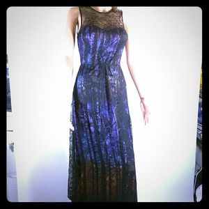 Bebe - long black lace dress with purple satin