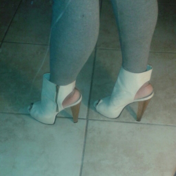 Beige open toe ankle heels