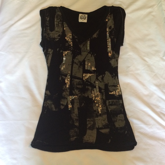 Miss Me Tops - Miss Me Black Sequined Short Sleeve T