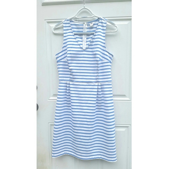 Blue and white striped ponte knit dress