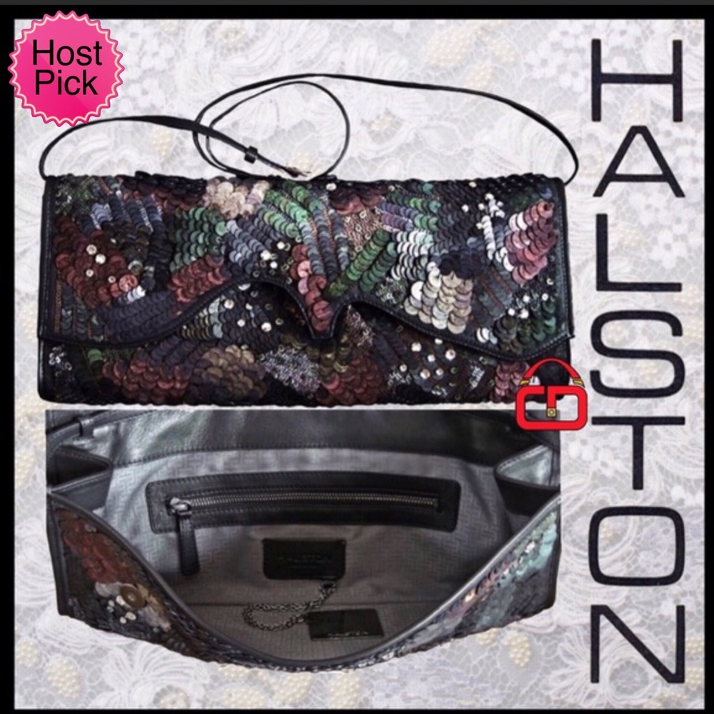 HALSTON Multi color Sequin Leather clutch w/Strap