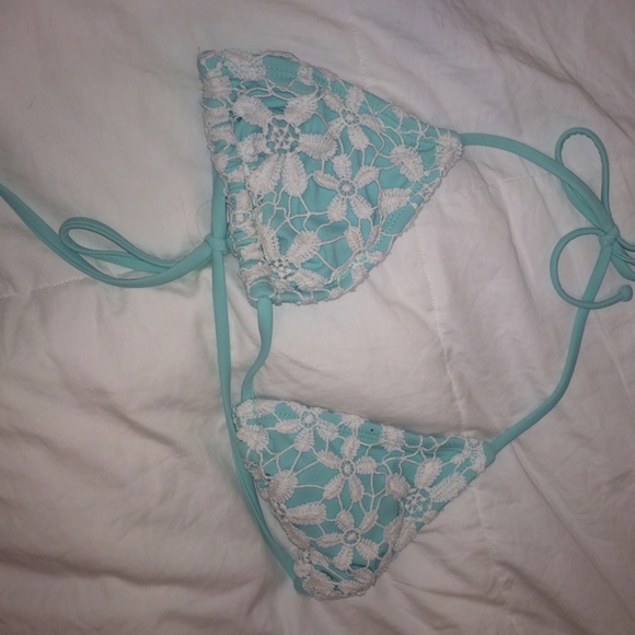 Blue and white lace bikini top (worn twice)