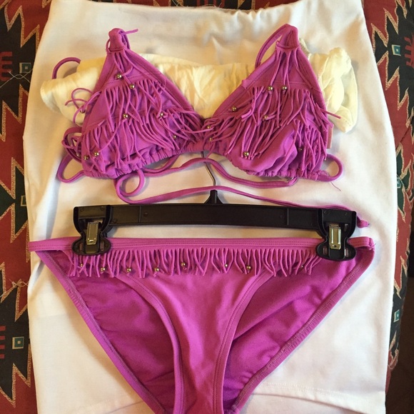 Purple fringe bathing suit