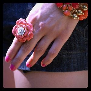 Coral Flower Rhinestone Stretch Band Ring