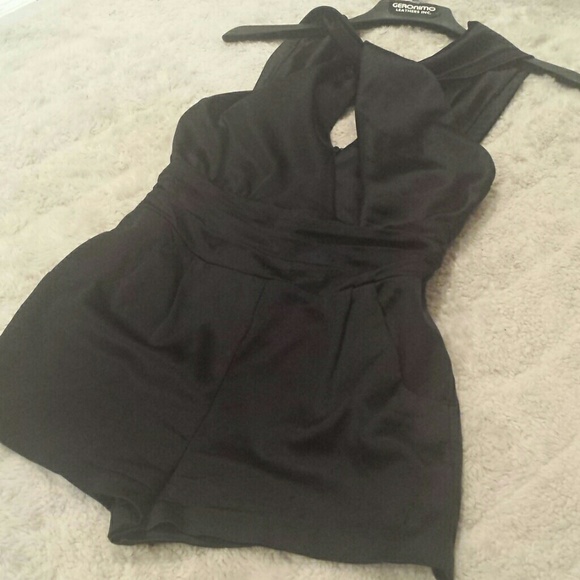 SOLD:  Black Satin Bebe Short Jumpsuit - Picture 3 of 3