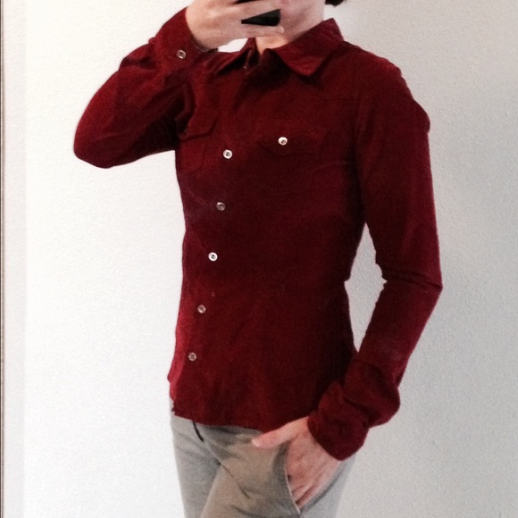 Burgundy or maroon corduroy shirt size small.