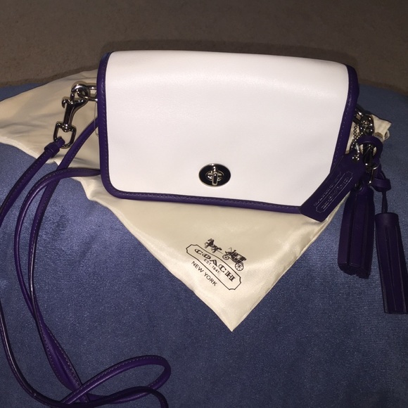 Coach small white with purple trim handbag