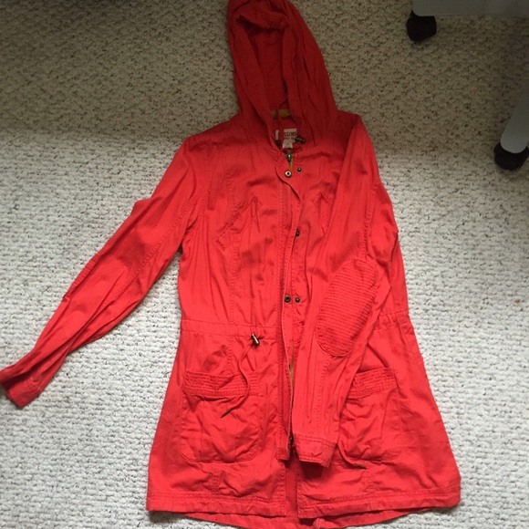bright salmon/red trench coat