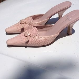 Pink alligator type print slip on low heel