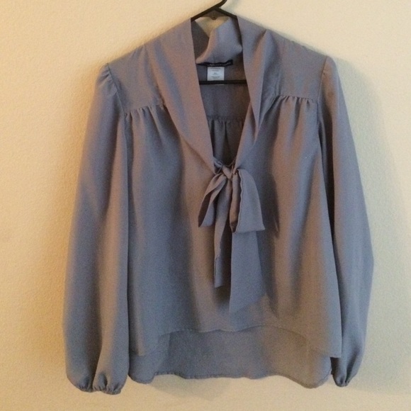 Grey Long Sleeve Tie Bow Top