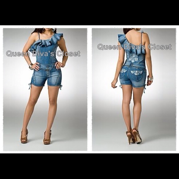 Medium light blue denim jean short romper jumpsuit - Picture 4 of 4