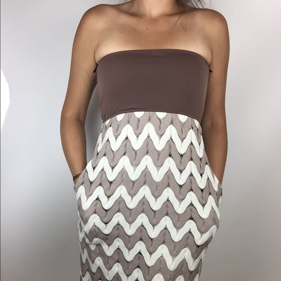 Strapless maxi- brown and cream