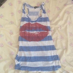 blue and white with red lips