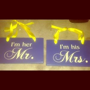 Mr. and Mrs. wedding chair signs yellow and navy