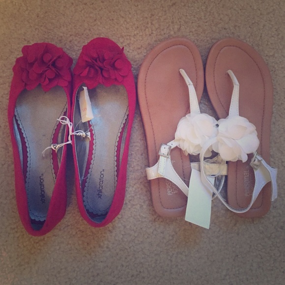 Red flats and white sandals with flower detail