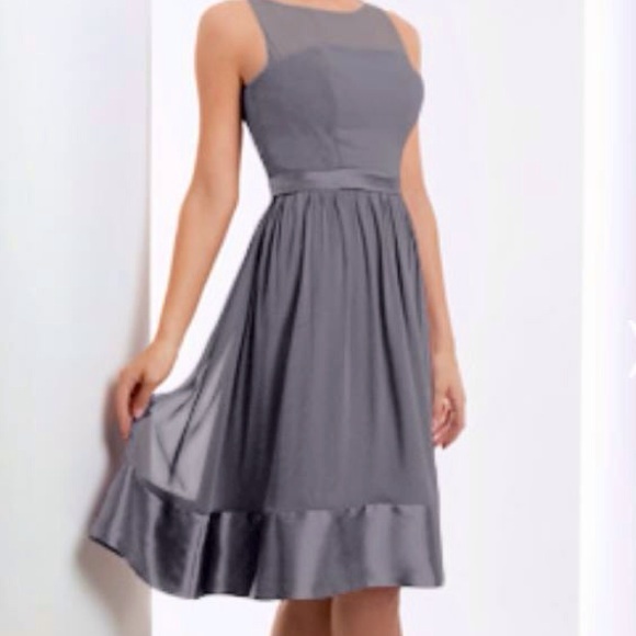 Gray bridesmaid dress w/ illusion neckline