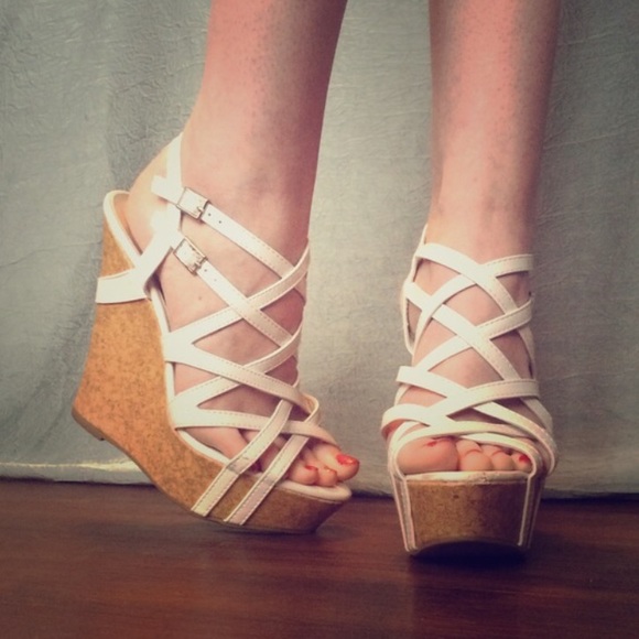 Strappy white wedges