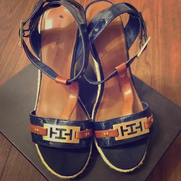 Navy and brown leather Espadrille wedges