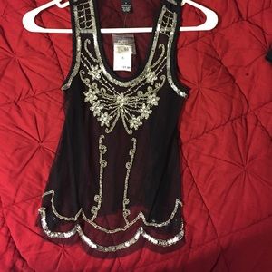 Black net tank with silver beading