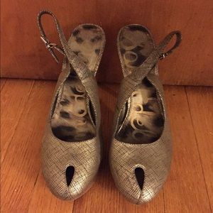 Sam Edelman platform sling backs in gold.