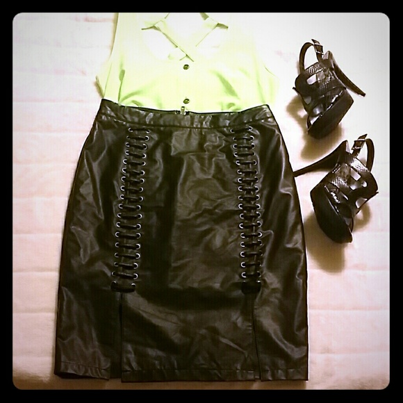 Sexy black lace down faux leather midi skirt! - Picture 1 of 3