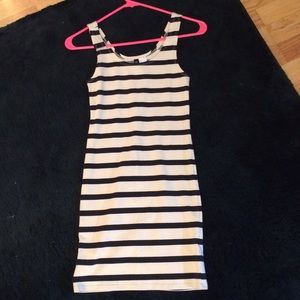 Cream and navy striped tank dress.