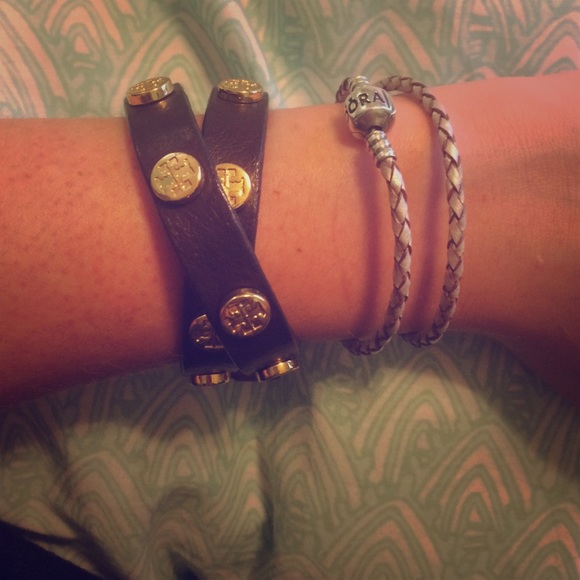Tory Burch brown leather double wrap bracelet