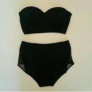 Black strapless high waisted bikini w mesh detail