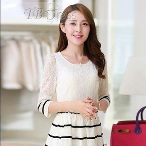 Solid Color 3/4 Sleeve Stripe Day Dress