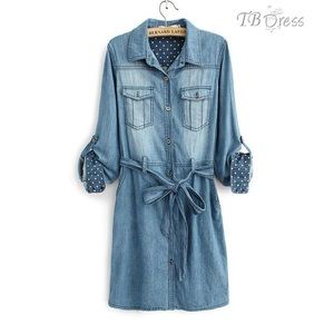 Celebrity Pockets Long Sleeves Jean Lapel Dress