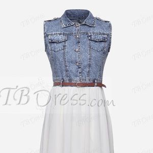 Patchwork Jean Lapel Sleeveless Day Dress