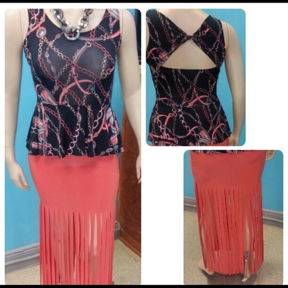 Chain link design shirt and coral fringe skirt