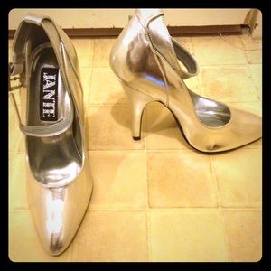 Jane metallic silver ankle strap pumps