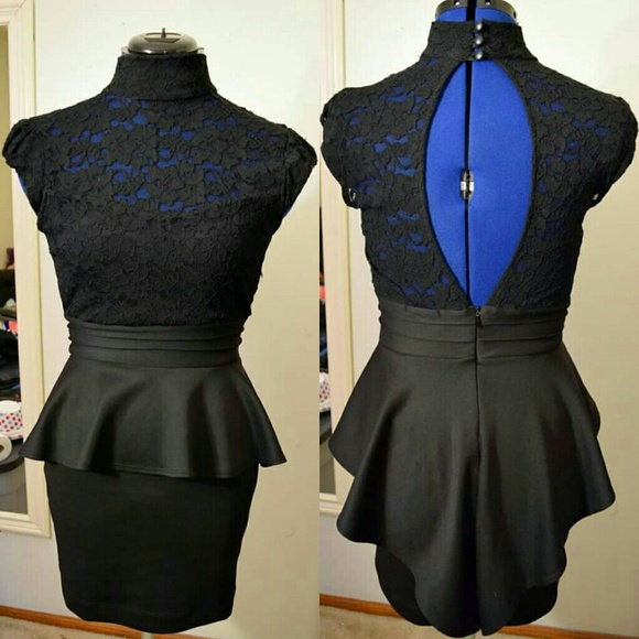 Black Lace Open Back Peplum Dress