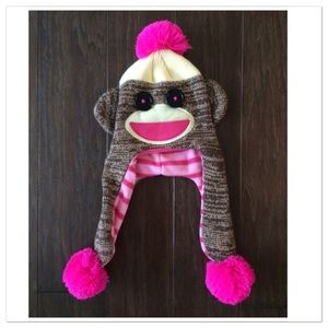 NEW🎉KNIT SOCK MONKEY HAT W/PINK POM POMS & LINER