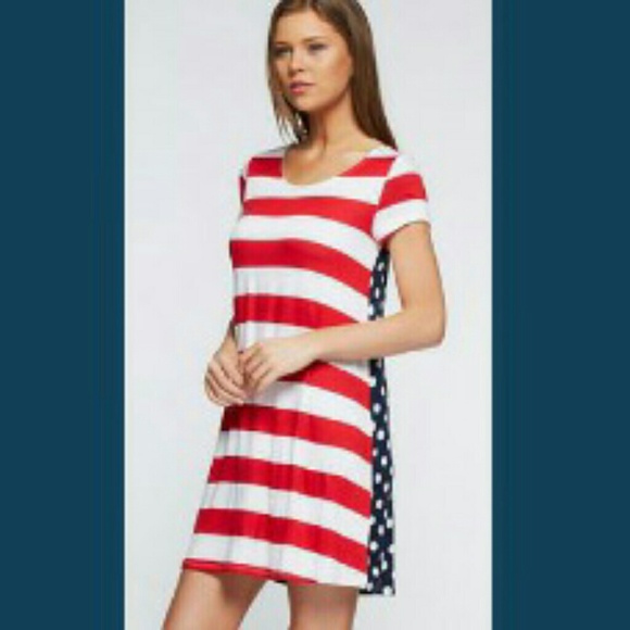 Red stripes and blue polka dot dress