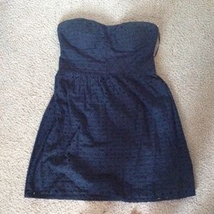 Navy blue strapless eyelet dress