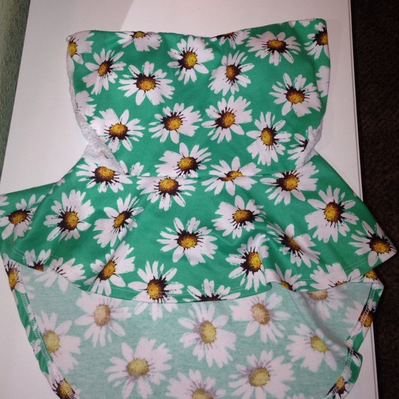 Strapless green flower shirt with open lace back.