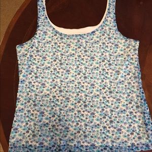 Blue flowered tank w/ shear over top.