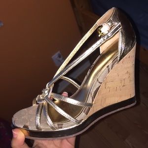 Authentic Coach Cork Gold Wedges 6.5