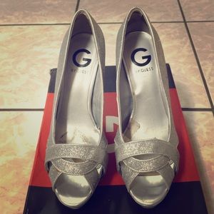 G By Guess Silver Carlina Peep Toe Pump