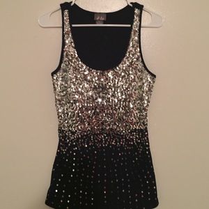 Silver Sequin Navy Blue Ribbed Tank Top