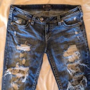 Silver jeans. Tuesday cut. Distressed with lace