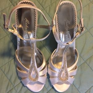 White embellished formal wedge sandals