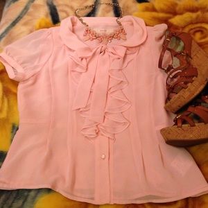 Pink chiffon ruffle bow button down blouse cute!