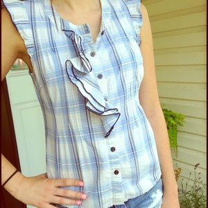 Blue/white plaid sleeveless top with ruffle accent