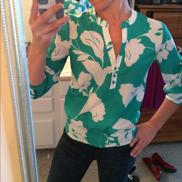 White and green floral blouse